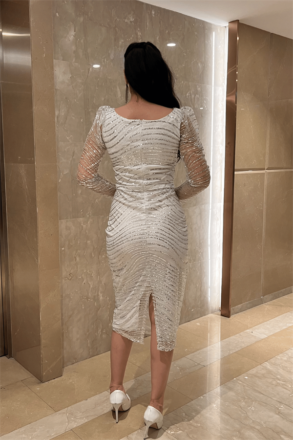 Pullu Payet Kumaş Kare Yaka Kalem Elbise - BEYAZ