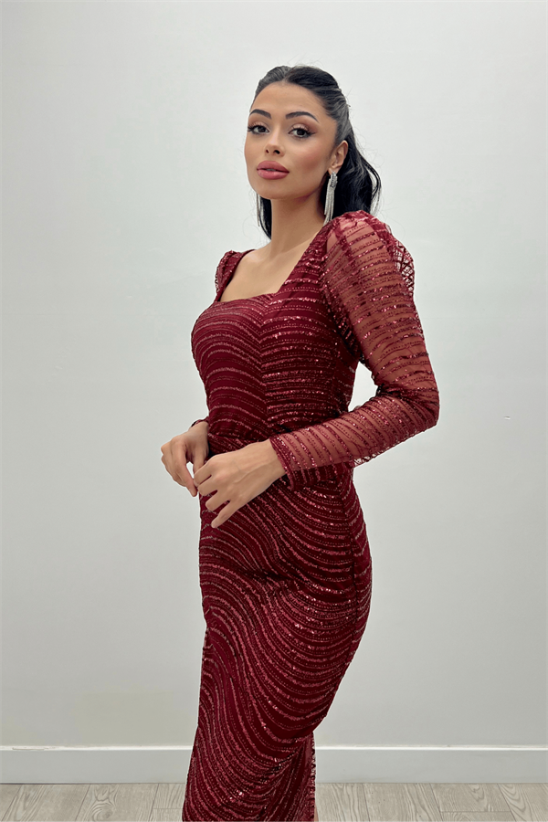 Pullu Payet Kumaş Kare Yaka Kalem Elbise - BORDO