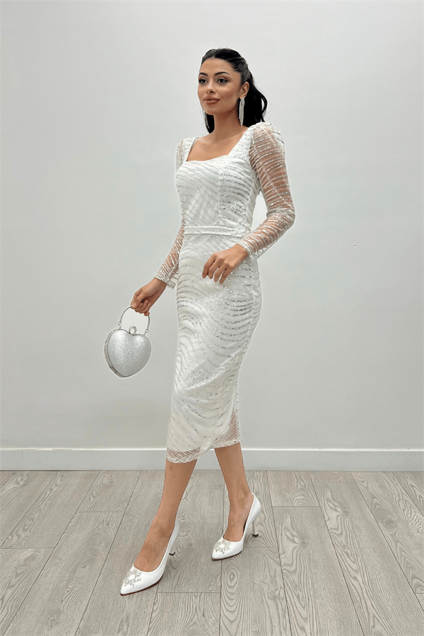 Pullu Payet Kumaş Kare Yaka Kalem Elbise - BEYAZ