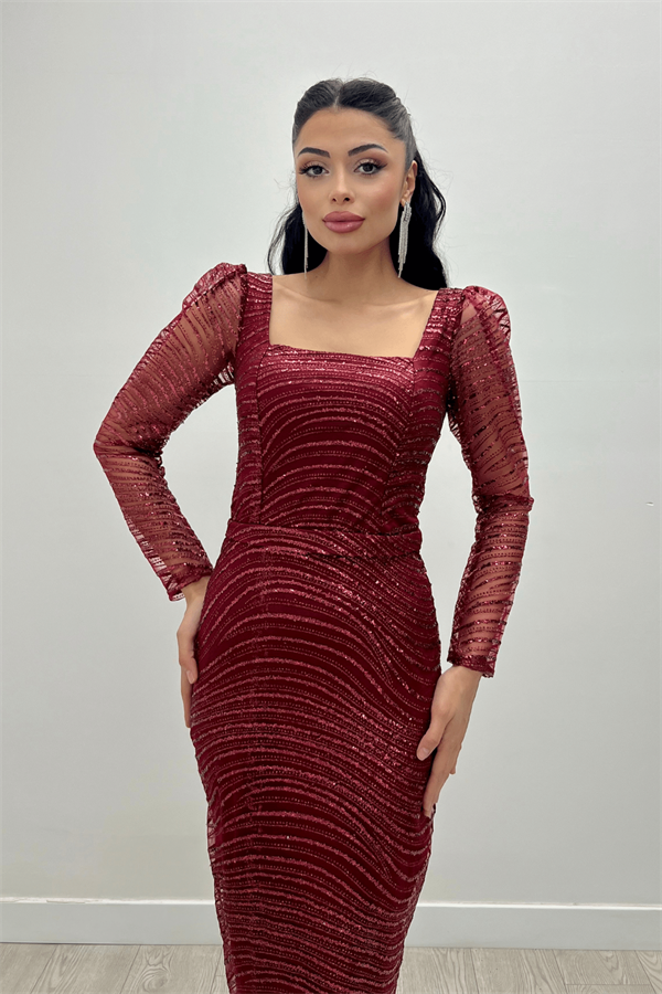 Pullu Payet Kumaş Kare Yaka Kalem Elbise - BORDO