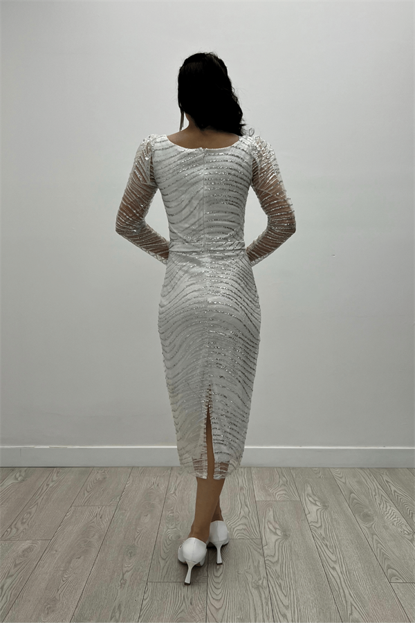 Pullu Payet Kumaş Kare Yaka Kalem Elbise - BEYAZ