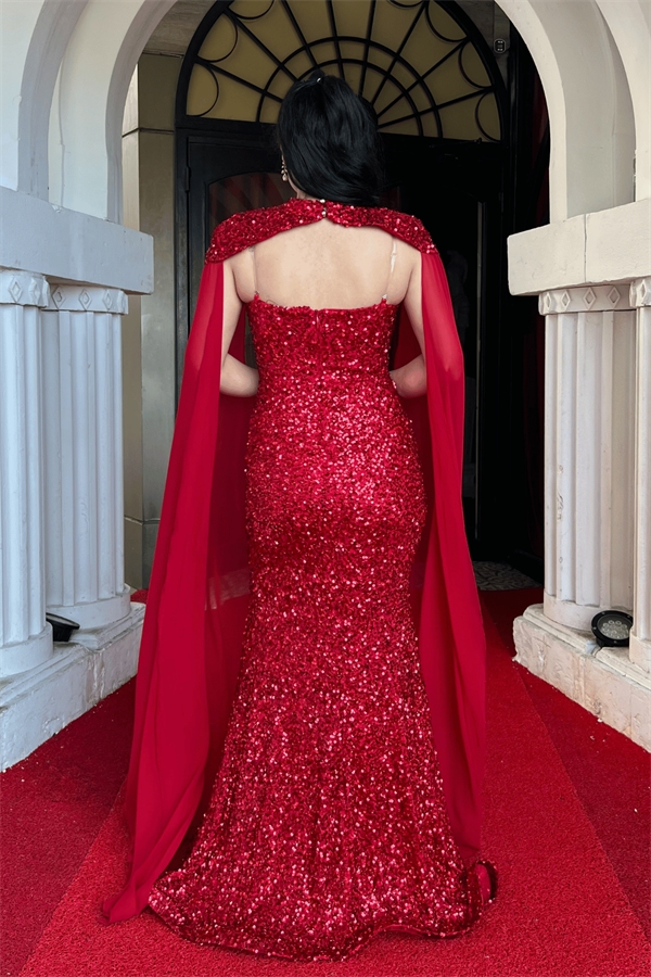 Pullu Payet Kumaş Pelerin Detaylı Abiye Elbise - KIRMIZI