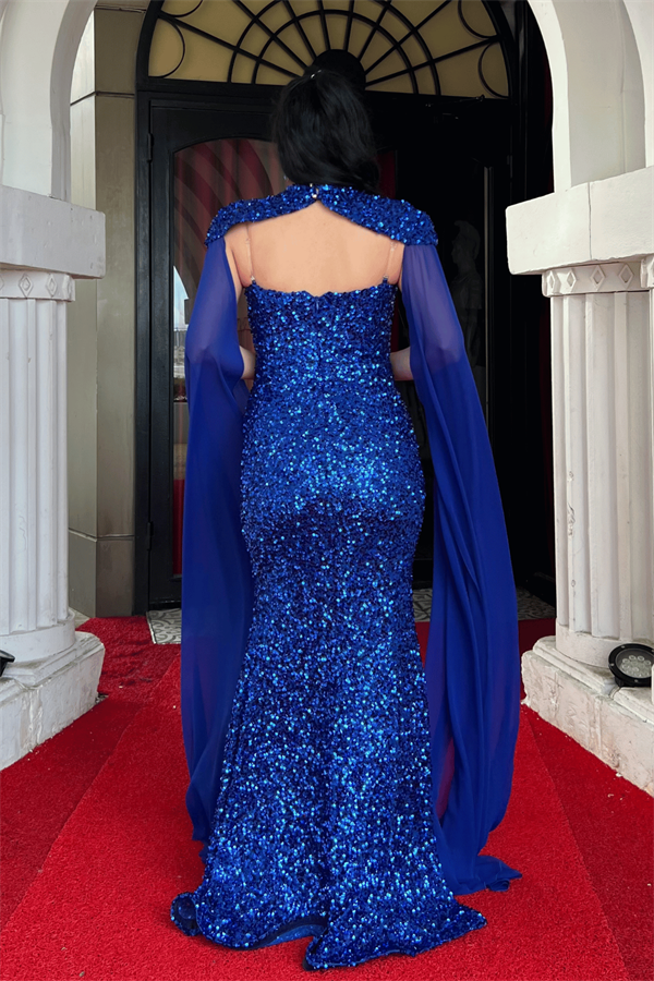 Pullu Payet Kumaş Pelerin Detaylı Abiye Elbise - SAKS MAVİ