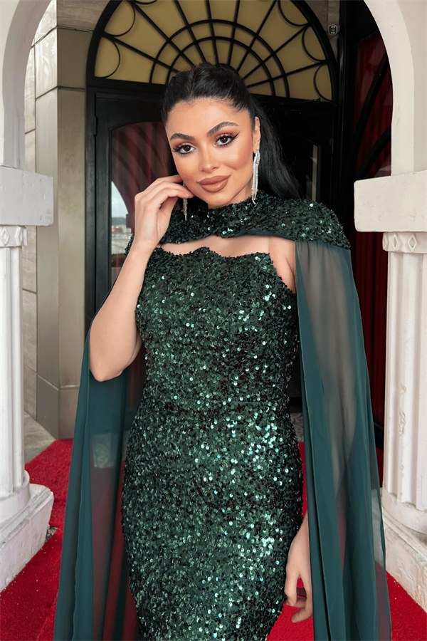 Pullu Payet Kumaş Pelerin Detaylı Abiye Elbise - ZÜMRÜT YEŞİL