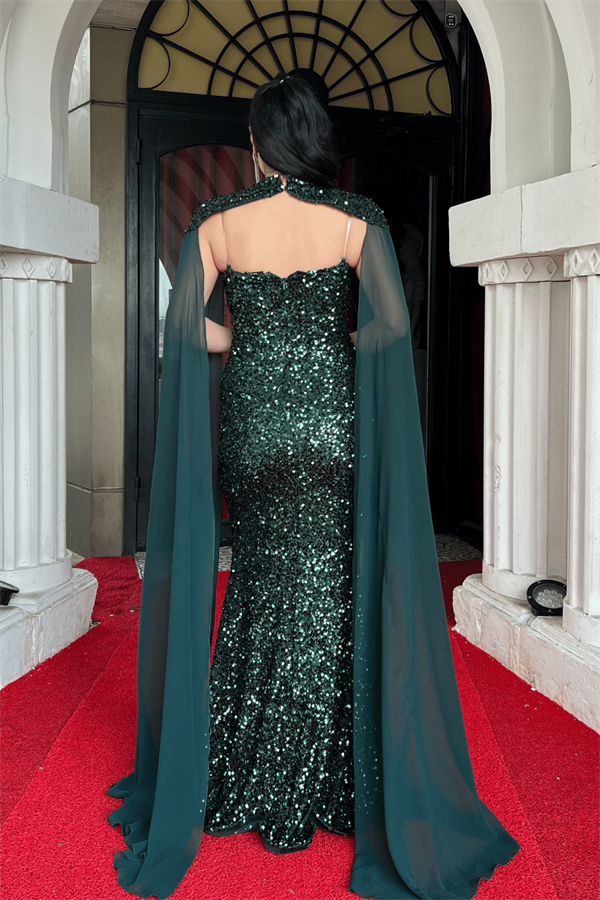 Pullu Payet Kumaş Pelerin Detaylı Abiye Elbise - ZÜMRÜT YEŞİL