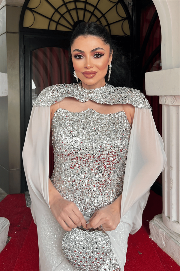 Pullu Payet Kumaş Pelerin Detaylı Abiye Elbise - GOLD