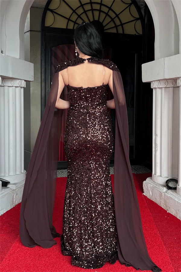 Pullu Payet Kumaş Pelerin Detaylı Abiye Elbise - KAHVERENGİ