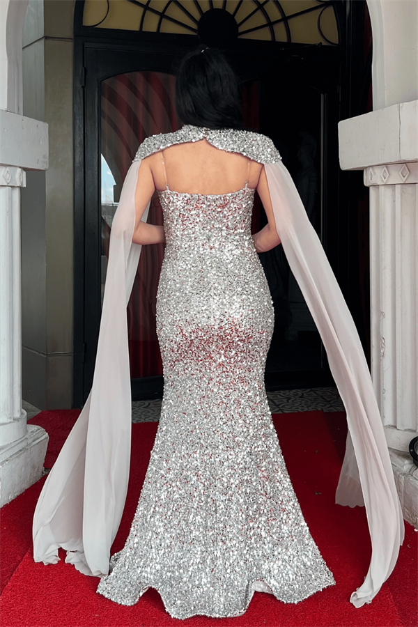 Pullu Payet Kumaş Pelerin Detaylı Abiye Elbise - GOLD