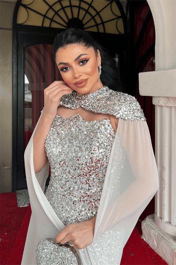 Pullu Payet Kumaş Pelerin Detaylı Abiye Elbise - GOLD