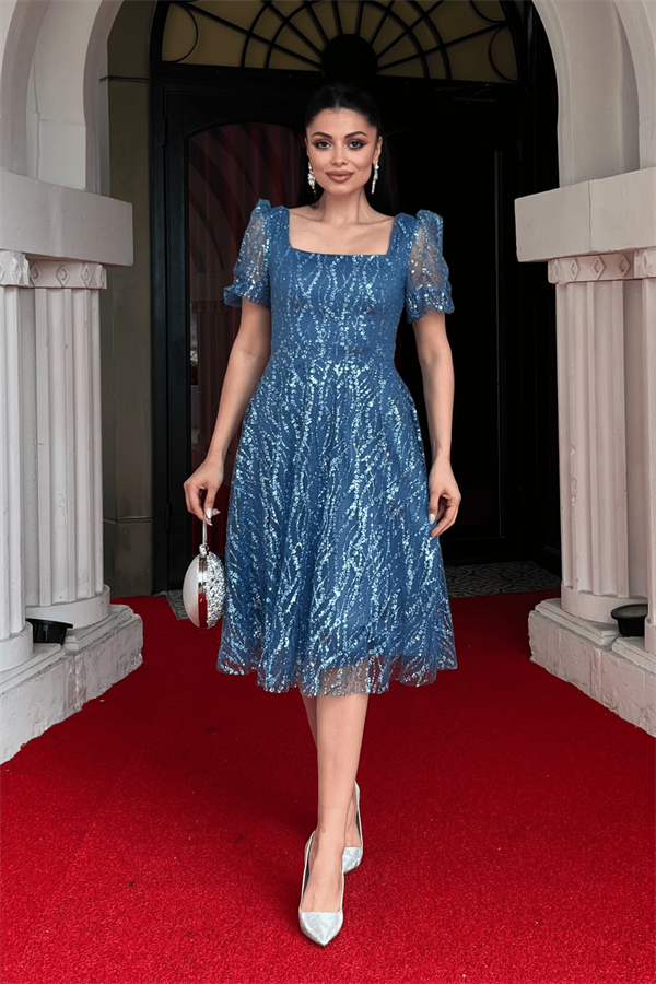 Pullu Simli Kumaş Kare Yaka Mini Elbise - İNDİGO MAVİ