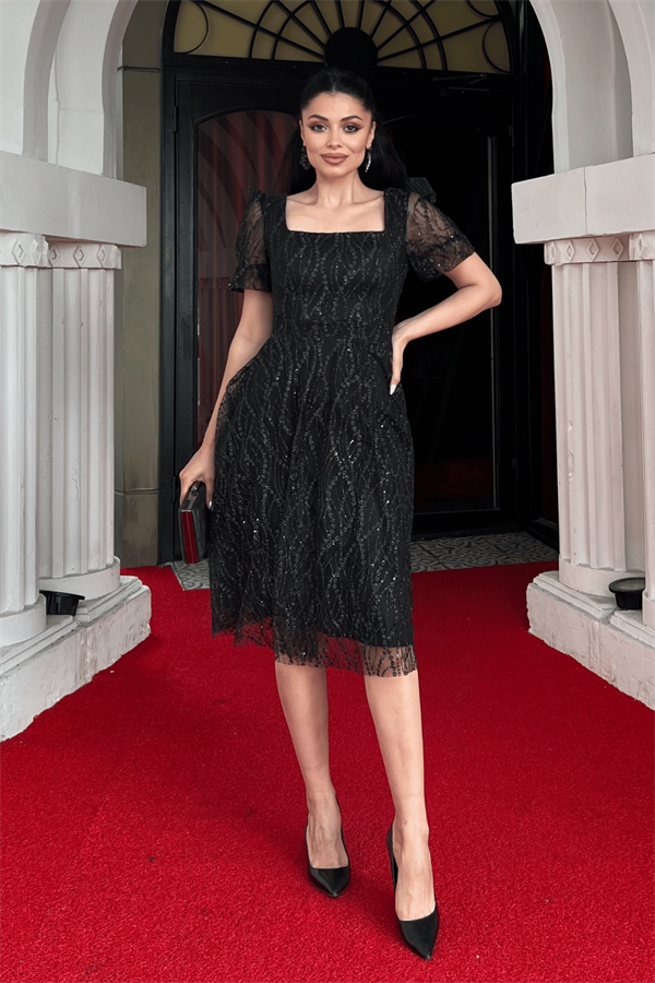 Pullu Simli Kumaş Kare Yaka Mini Elbise - SİYAH