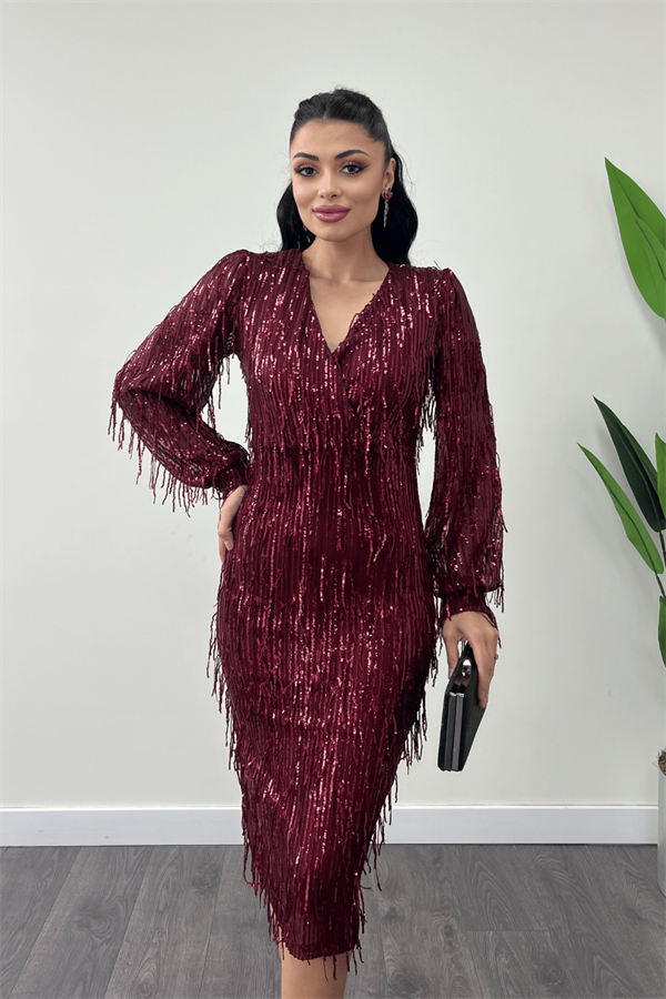 Saçaklı Pul Payet Kumaş Kalem Elbise - BORDO