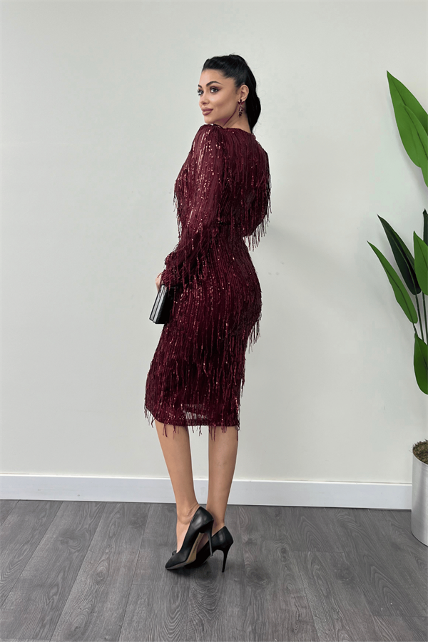 Saçaklı Pul Payet Kumaş Kalem Elbise - BORDO