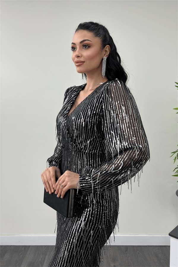 Saçaklı Pul Payet Kumaş Kalem Elbise - GÜMÜŞ