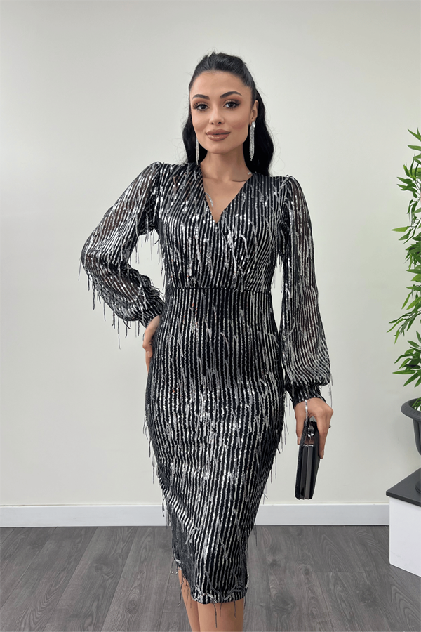 Saçaklı Pul Payet Kumaş Kalem Elbise - GÜMÜŞ