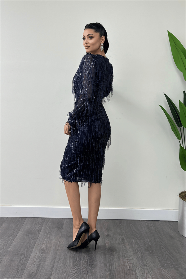 Saçaklı Pul Payet Kumaş Kalem Elbise - LACİVERT