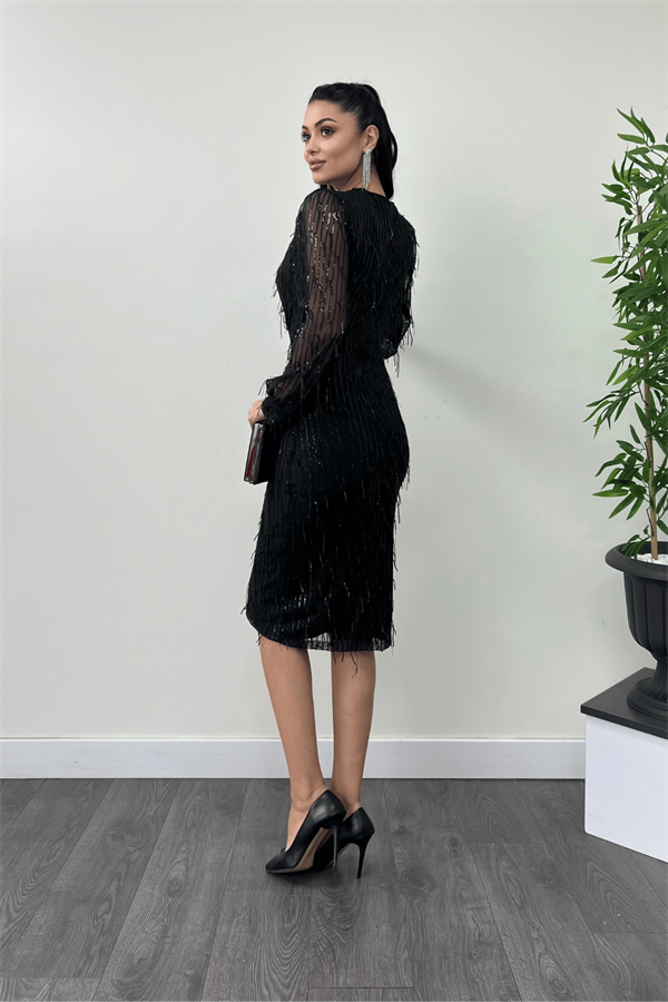 Saçaklı Pul Payet Kumaş Kalem Elbise - SİYAH