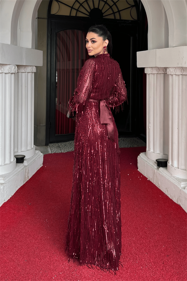 Saçaklı Pul Payet Kumaş Uzun Abiye - BORDO