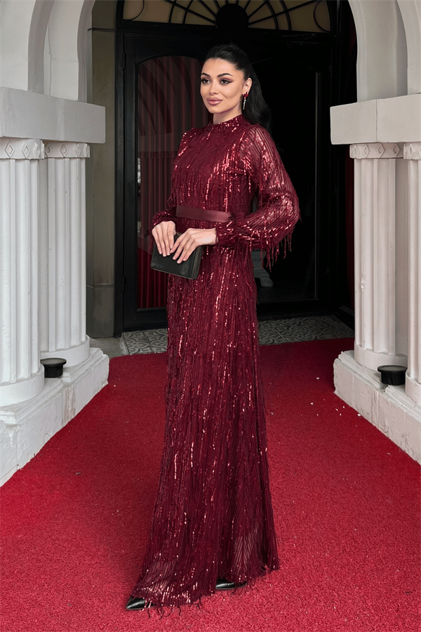 Saçaklı Pul Payet Kumaş Uzun Abiye - BORDO