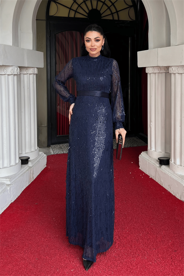 Saçaklı Pul Payet Kumaş Uzun Abiye - LACİVERT