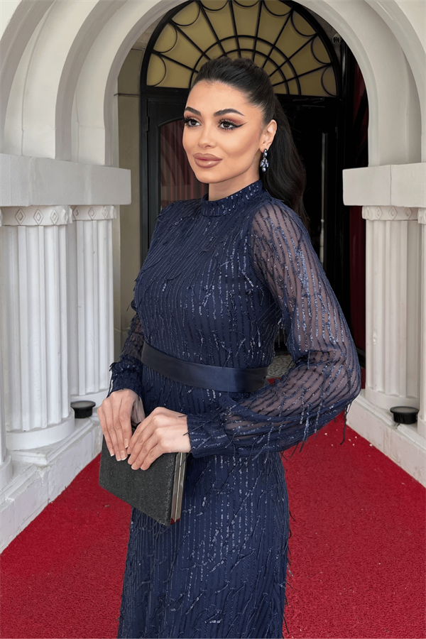 Saçaklı Pul Payet Kumaş Uzun Abiye - LACİVERT