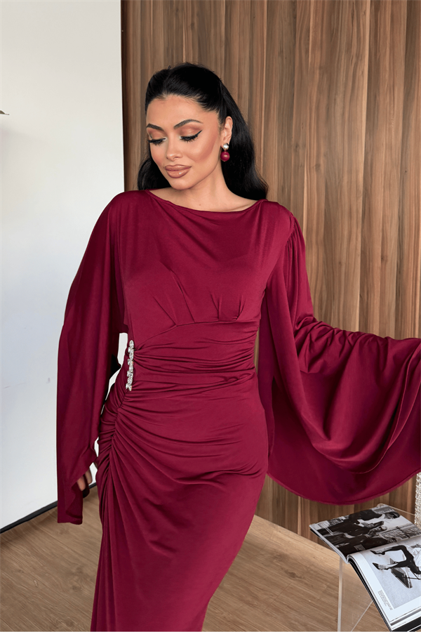 Sandy Kumaş Büzgü Detaylı Elbise - BORDO