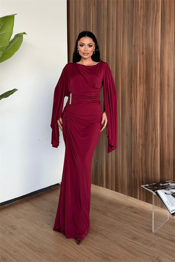 Sandy Kumaş Büzgü Detaylı Elbise - BORDO