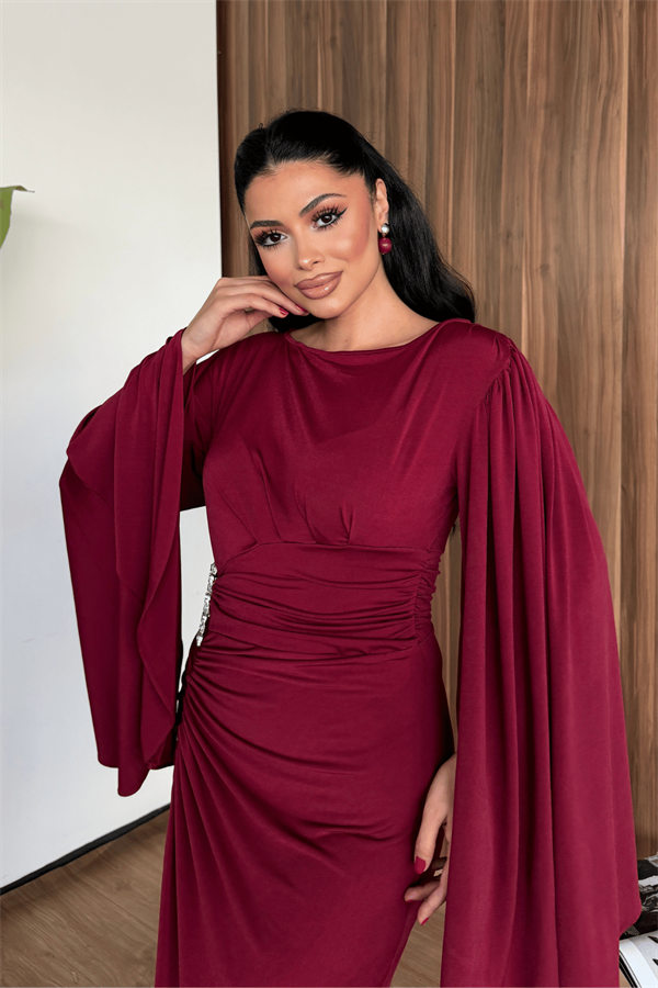 Sandy Kumaş Büzgü Detaylı Elbise - BORDO