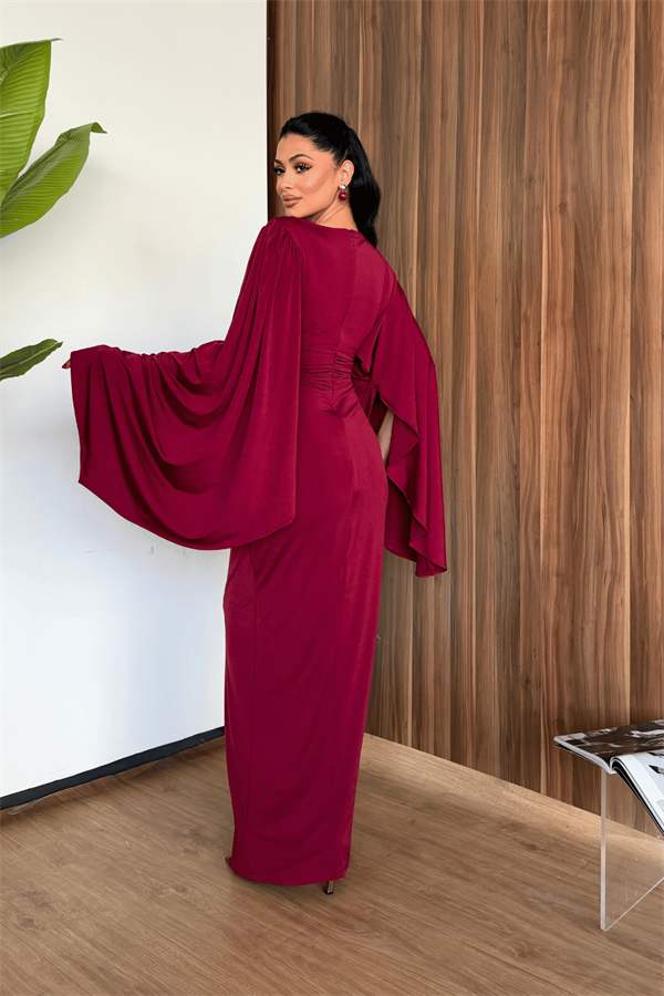 Sandy Kumaş Büzgü Detaylı Elbise - BORDO