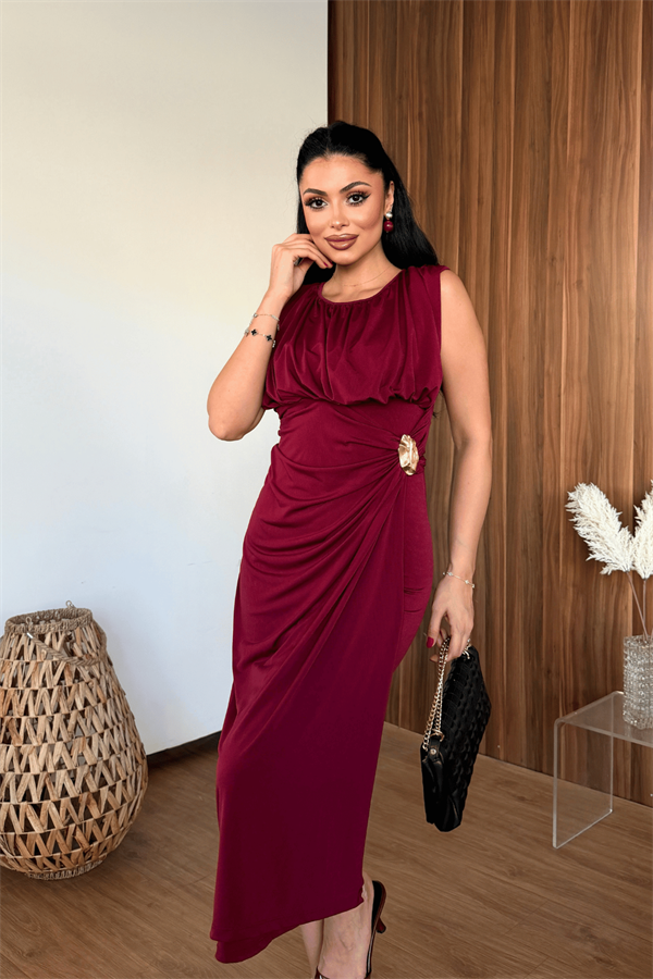 Sandy Kumaş Büzgü Detaylı Elbise - BORDO
