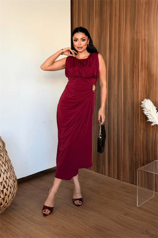 Sandy Kumaş Büzgü Detaylı Elbise - BORDO