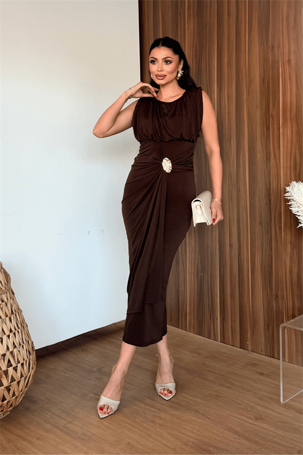 Sandy Kumaş Büzgü Detaylı Elbise - KAHVERENGİ