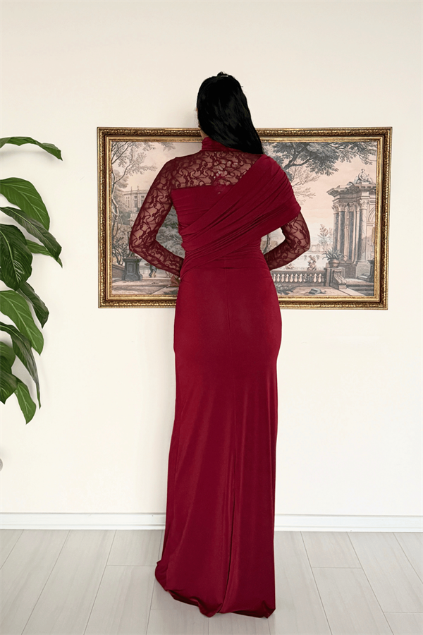 Sandy Kumaş Dantel Detaylı Elbise - BORDO