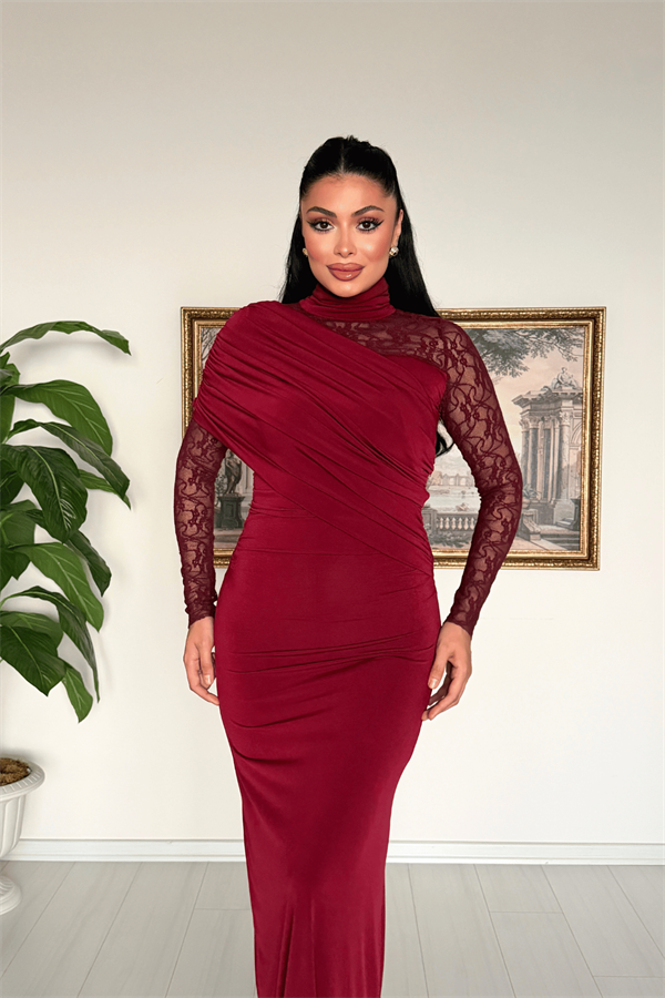Sandy Kumaş Dantel Detaylı Elbise - BORDO