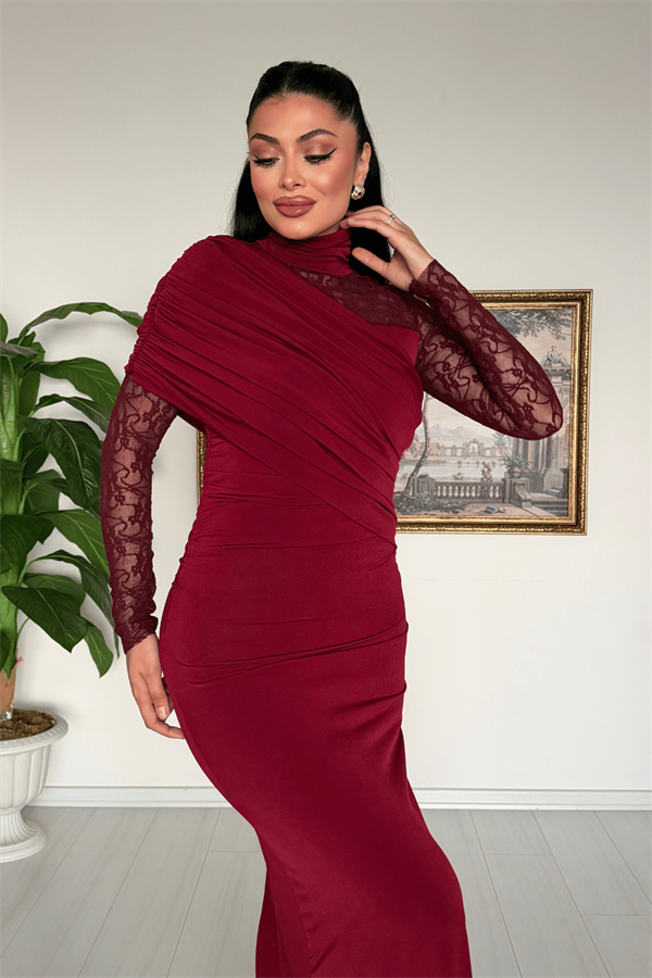 Sandy Kumaş Dantel Detaylı Elbise - BORDO