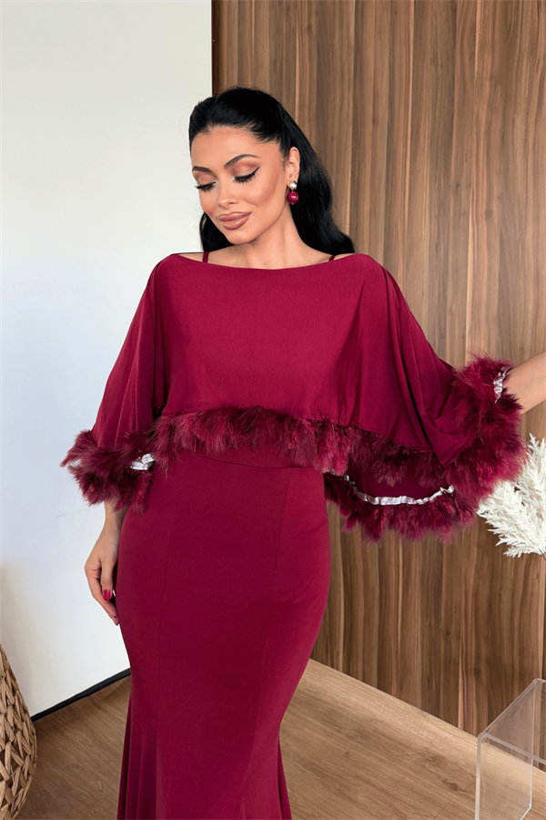 Sandy Kumaş Pelerin Detaylı Elbise - BORDO