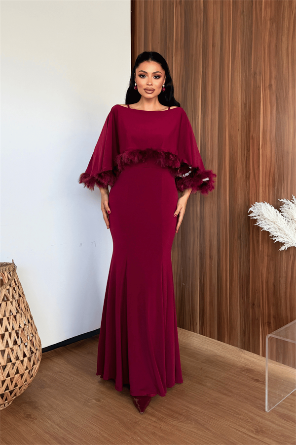 Sandy Kumaş Pelerin Detaylı Elbise - BORDO