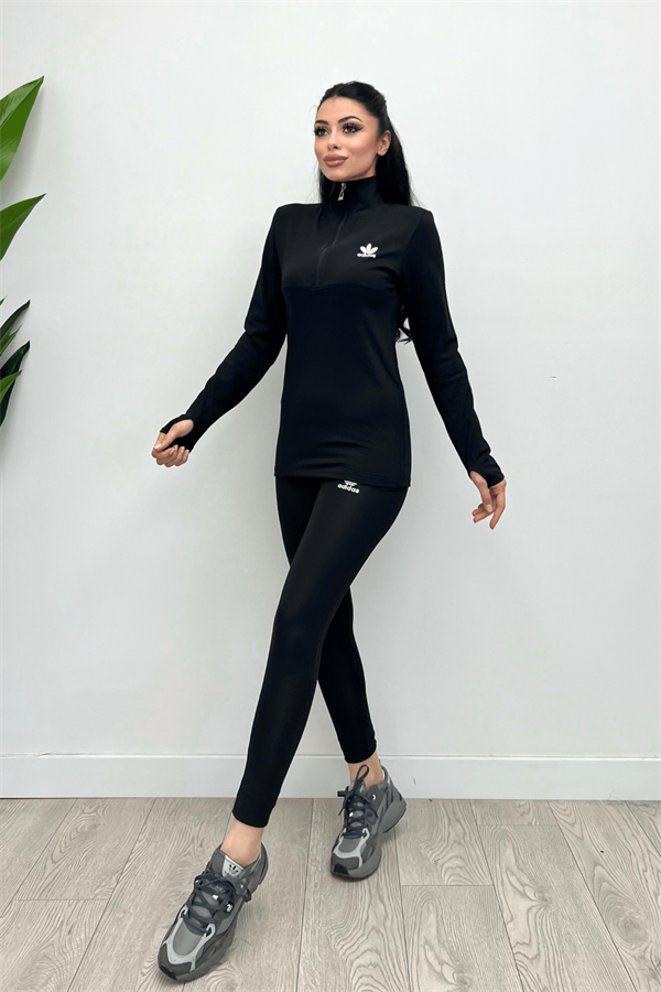 Şardonlu Likralı Kumaş Eşofman Takım - SİYAH