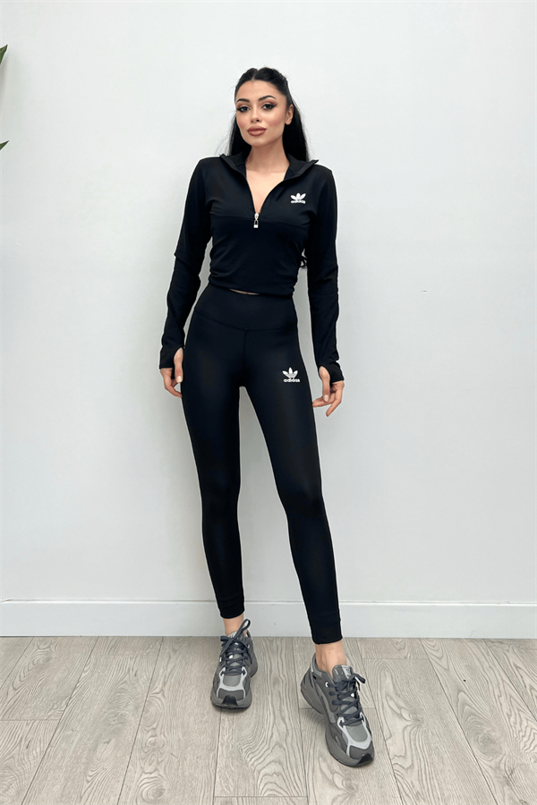 Şardonlu Likralı Kumaş Eşofman Takım - SİYAH