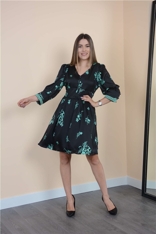 Satin Floral Dress - Green