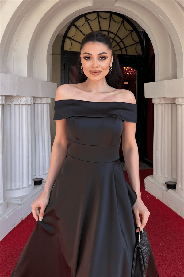 Saten Kumaş Asimetri Kesim Abiye Elbise - SİYAH