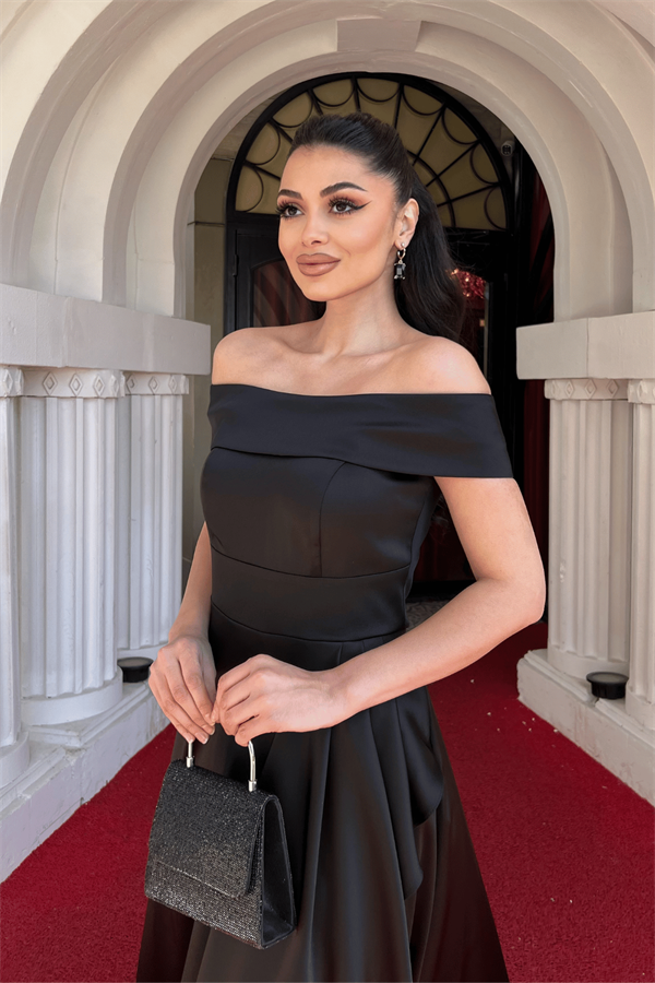 Saten Kumaş Asimetri Kesim Abiye Elbise - SİYAH