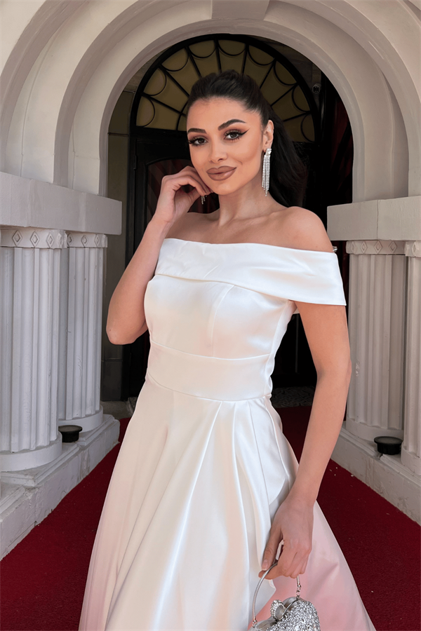 Saten Kumaş Asimetri Kesim Abiye Elbise - BEYAZ