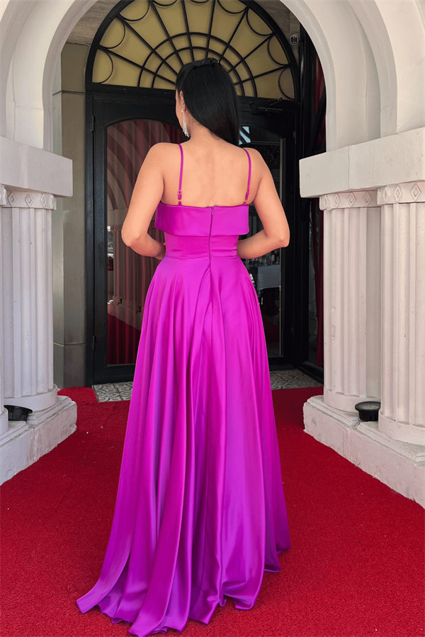 Saten Kumaş Askılı Abiye Elbise - FUŞYA
