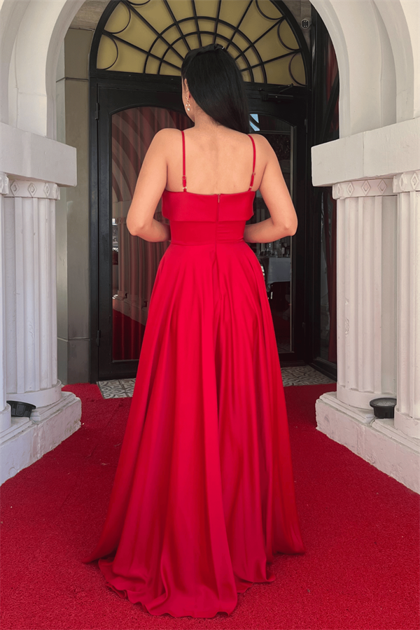 Saten Kumaş Askılı Abiye Elbise - KIRMIZI