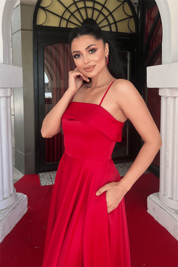 Saten Kumaş Askılı Abiye Elbise - KIRMIZI