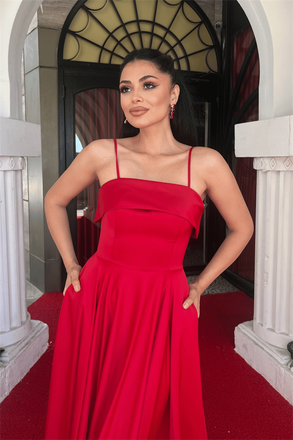 Saten Kumaş Askılı Abiye Elbise - KIRMIZI