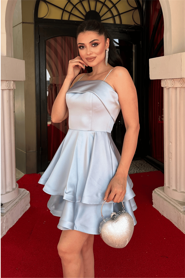 Saten Kumaş Askılı Mini Elbise - BEBE MAVİSİ