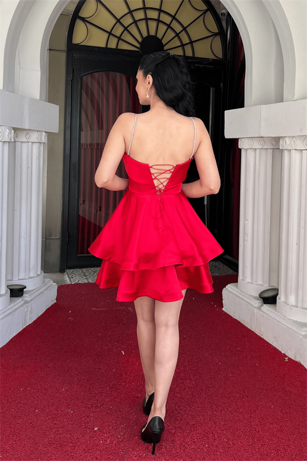 Saten Kumaş Askılı Mini Elbise - KIRMIZI