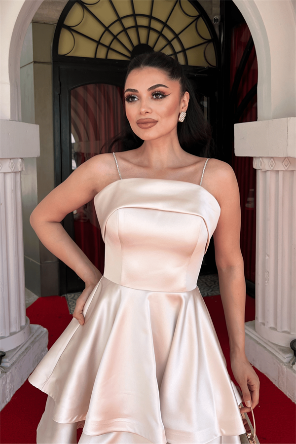 Saten Kumaş Askılı Mini Elbise - KREM